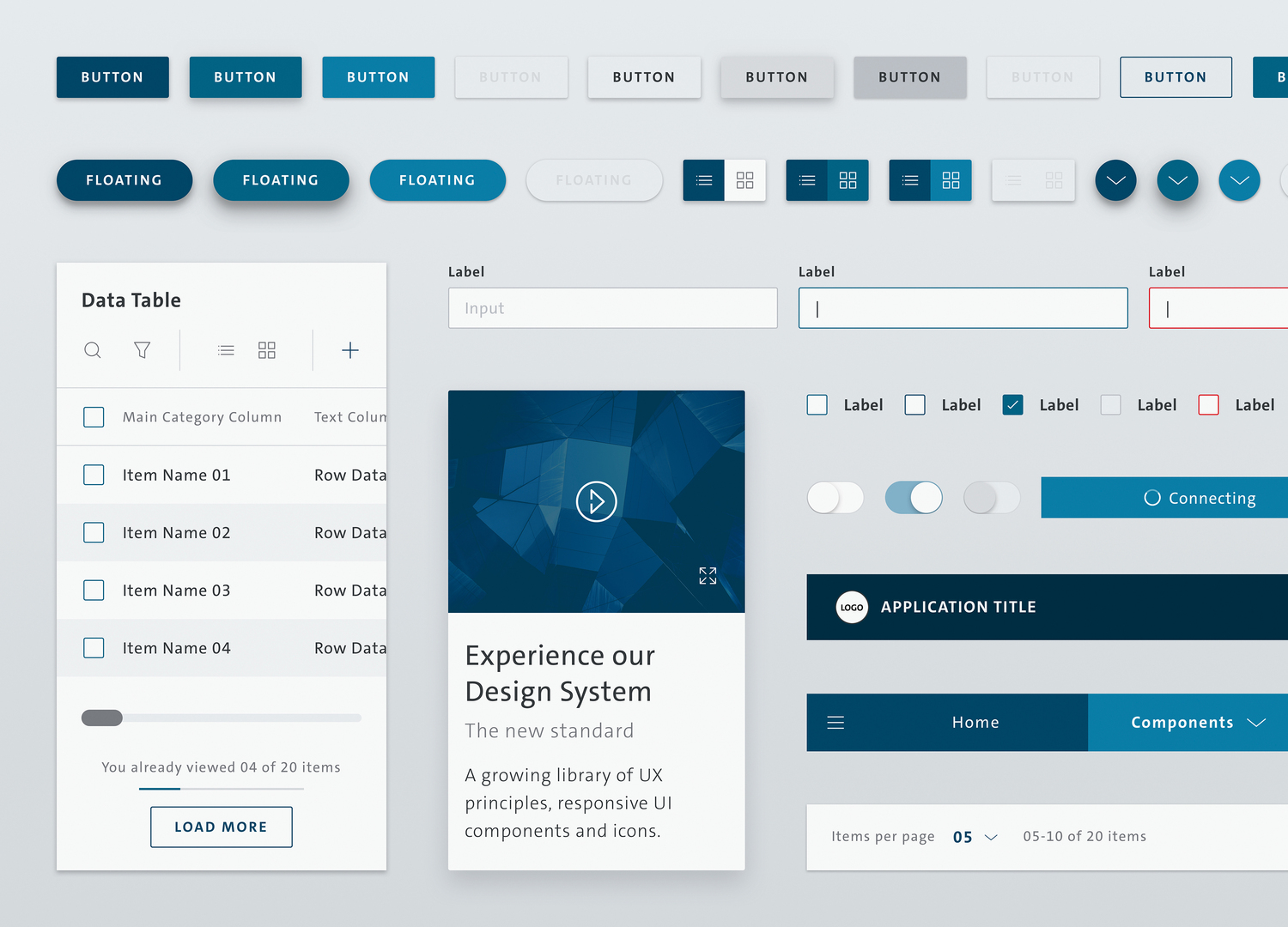 A serie of layout components such as buttons, lists, toggles and headers displayed next to each other and on top of one another filling the space.